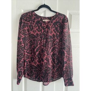 Loft Damask Floral Pintuck Blouse Womens Size M Burgundy Black Sheer Polyester